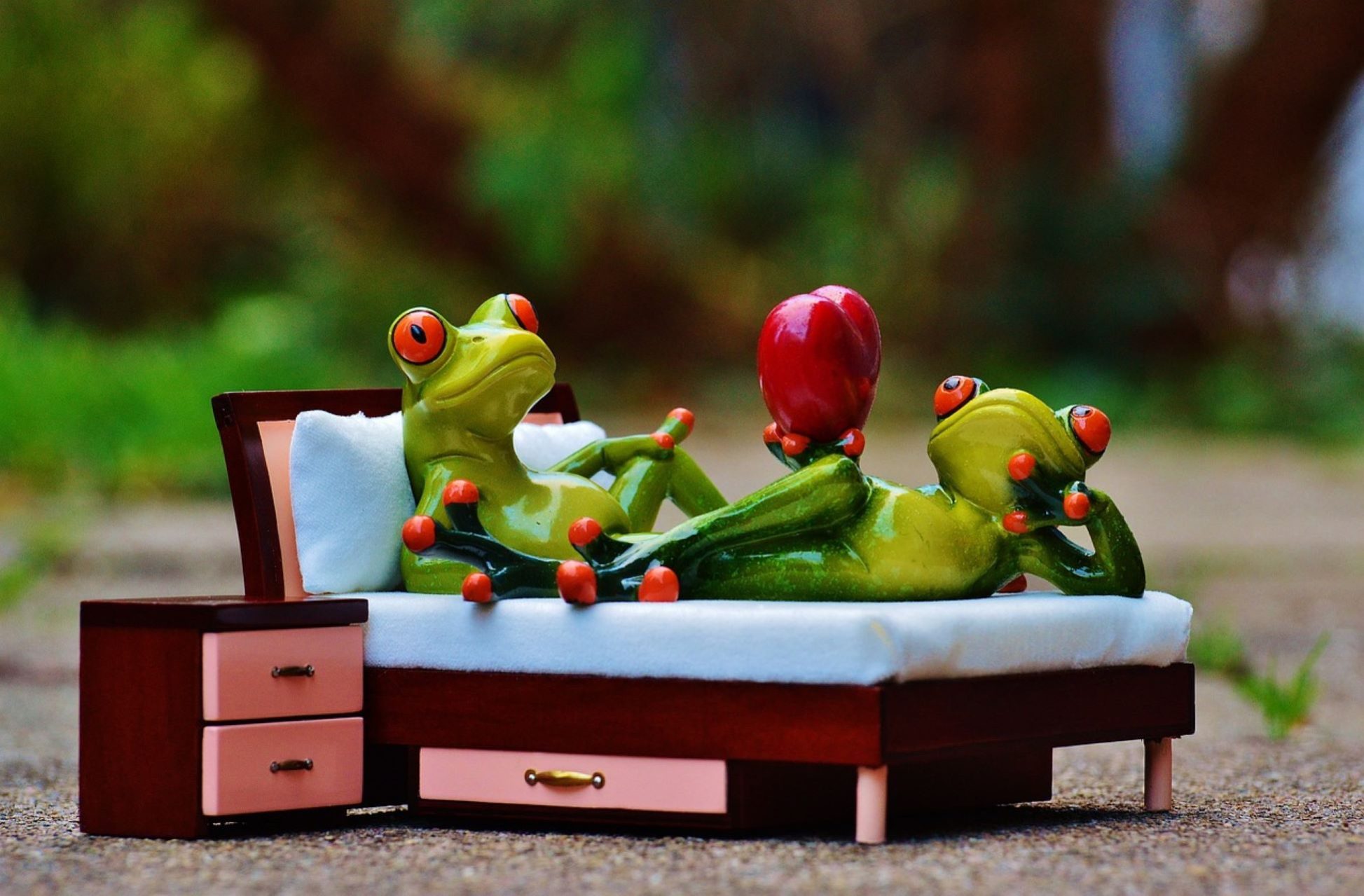 2 green frogs on a bed. 1 frog holding a heart lying down in sexy pose.