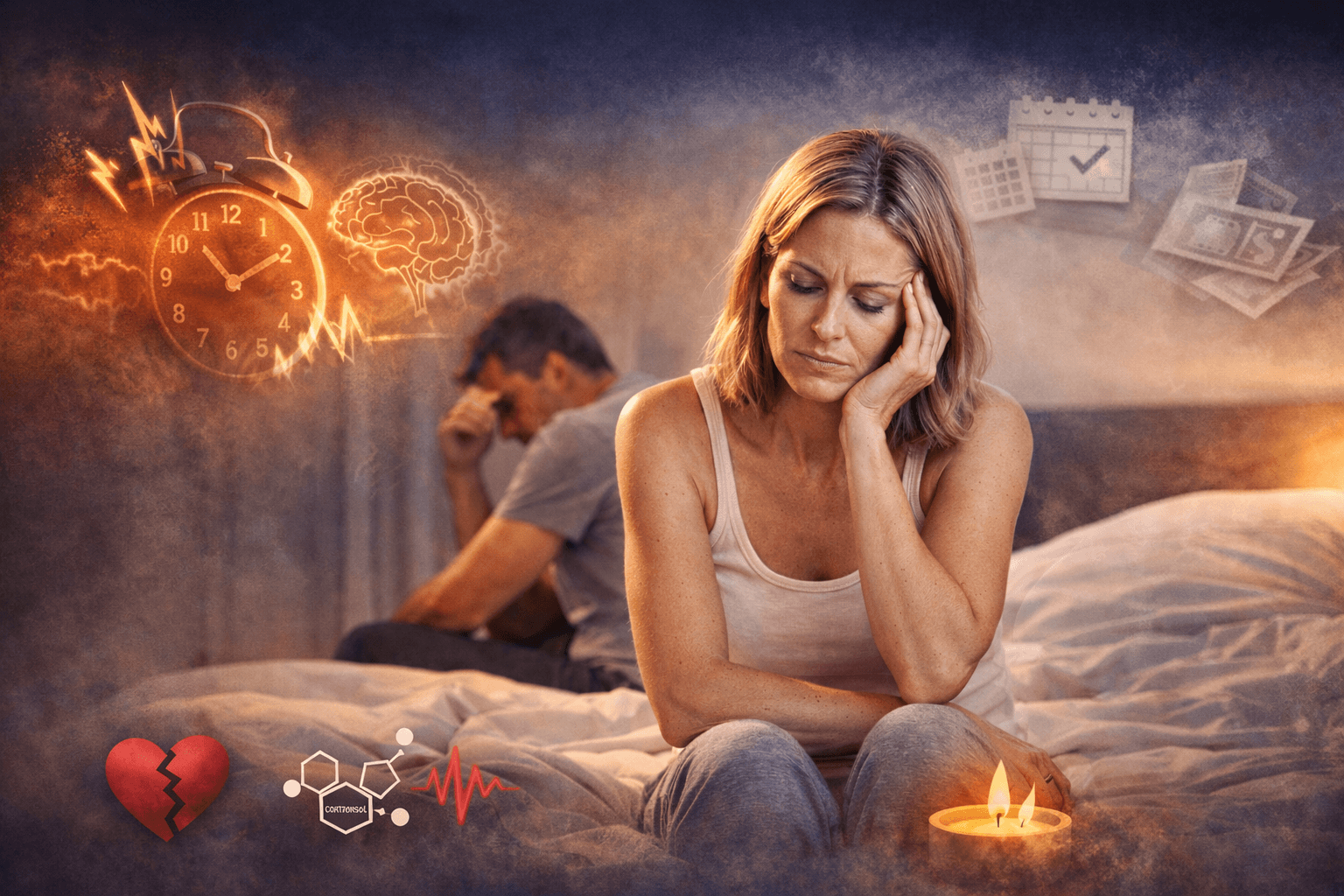 woman and man over 35 sitting on a bed with their hands to their heads looking stressed. Around them are a number of causes of stress which is stopping them from being intimate.