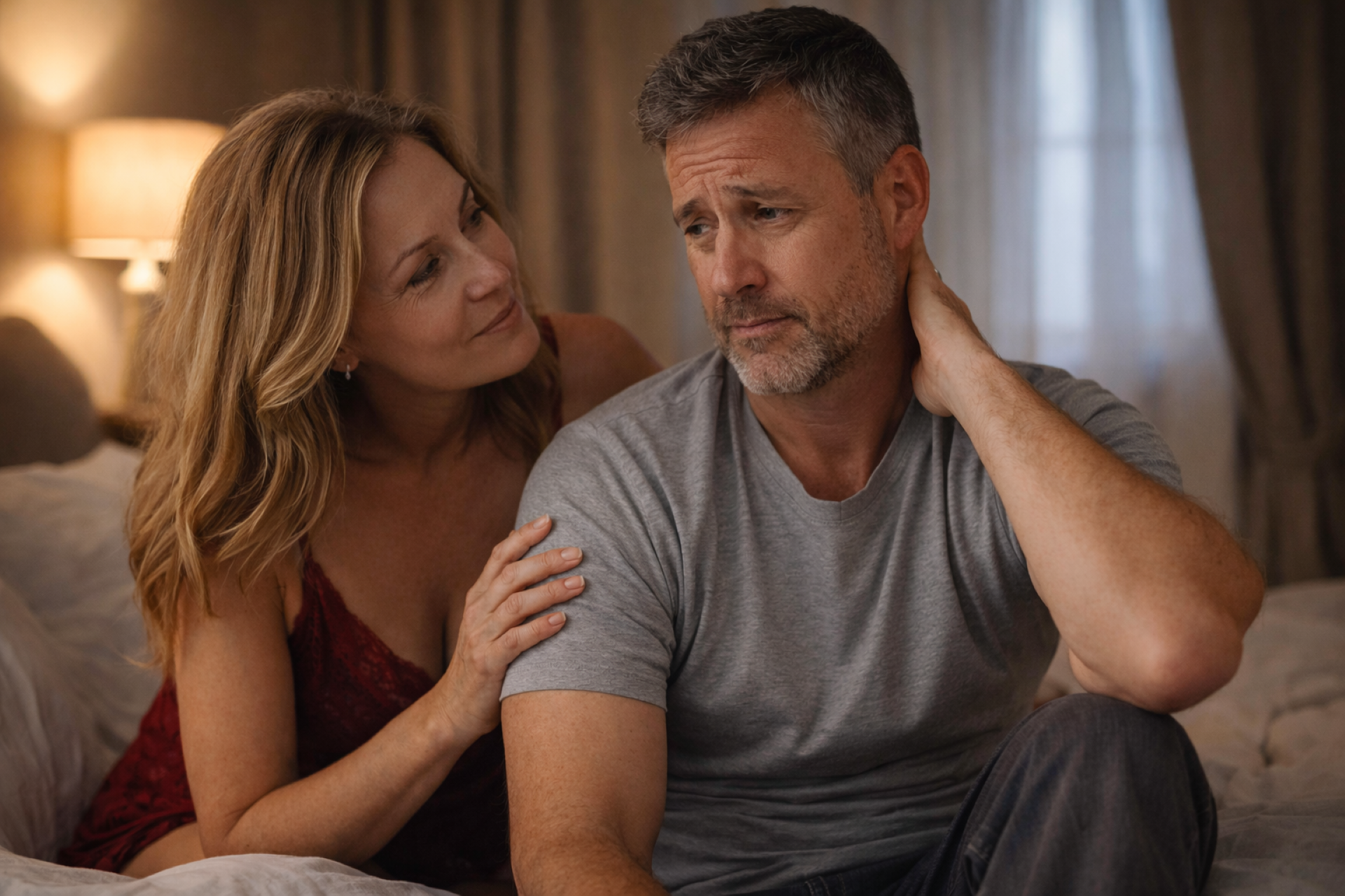 A woman and man in their 40s sitting on a bed, showing emotional distance and desire differences in midlife intimacy.